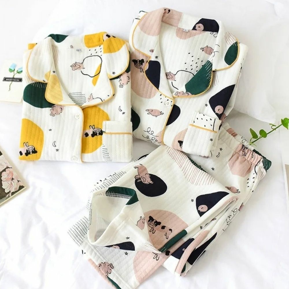 Pyjama japonais en coton à manches longues avec imprimés colorés