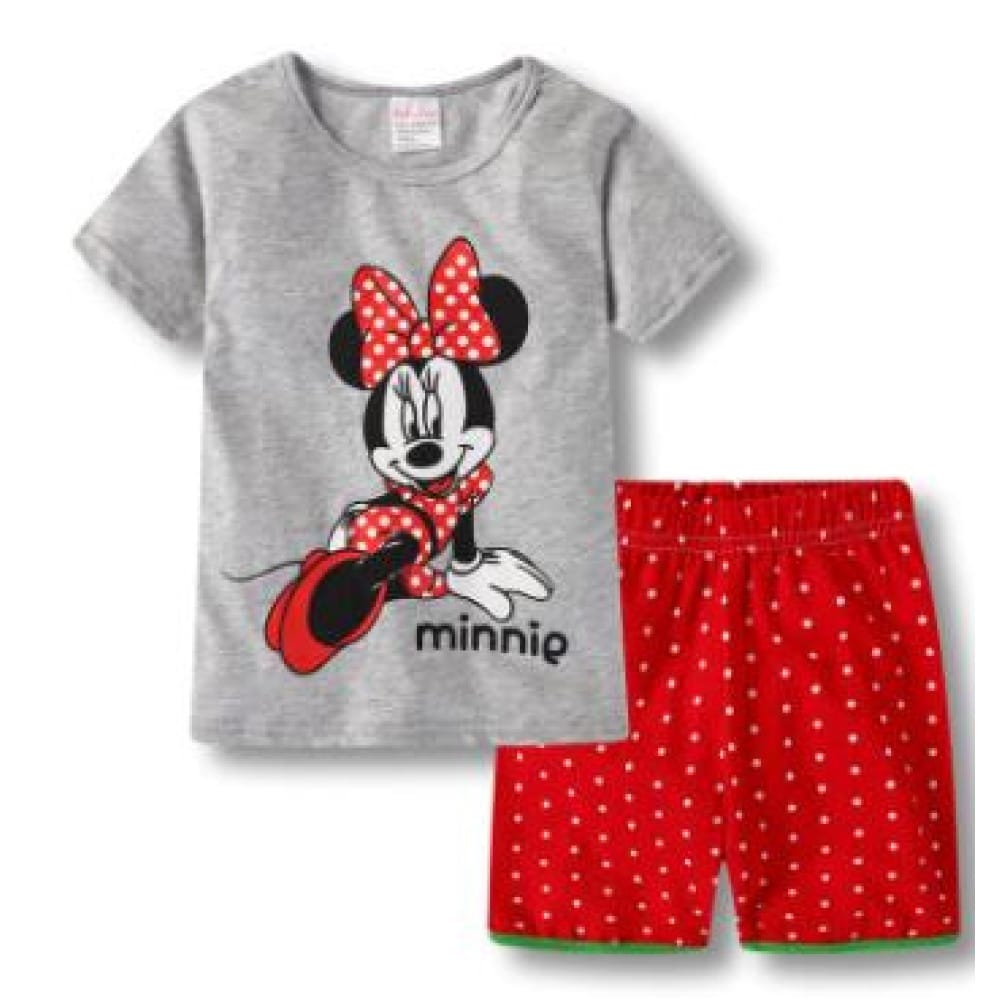 Pyjama d'été t-shirt gris et short rouge à motif Minnie pyjama d ete minnie mouse pour filles 23