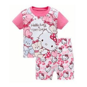 Pyjama deux pièces à manches courtes à motif Hello Kitty roses à la mode