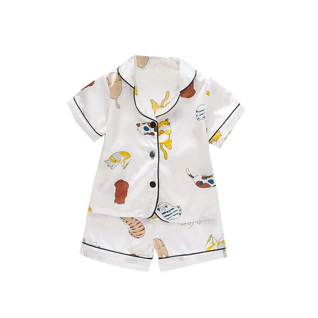 Ensemble pyjama à manches courtes blanc motif chat pour enfants satin à la mode