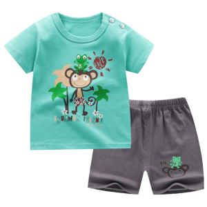 Pyjama d’été, t-shirt et short motif singe pour enfants vert et gris à la mode