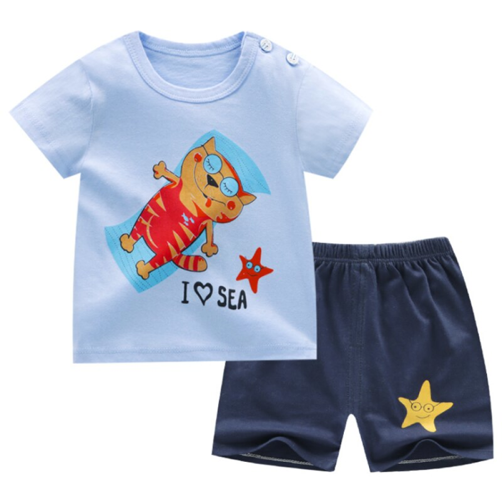 Pyjama d’été t-shirt et short bleu motif chat pour enfants à la mode