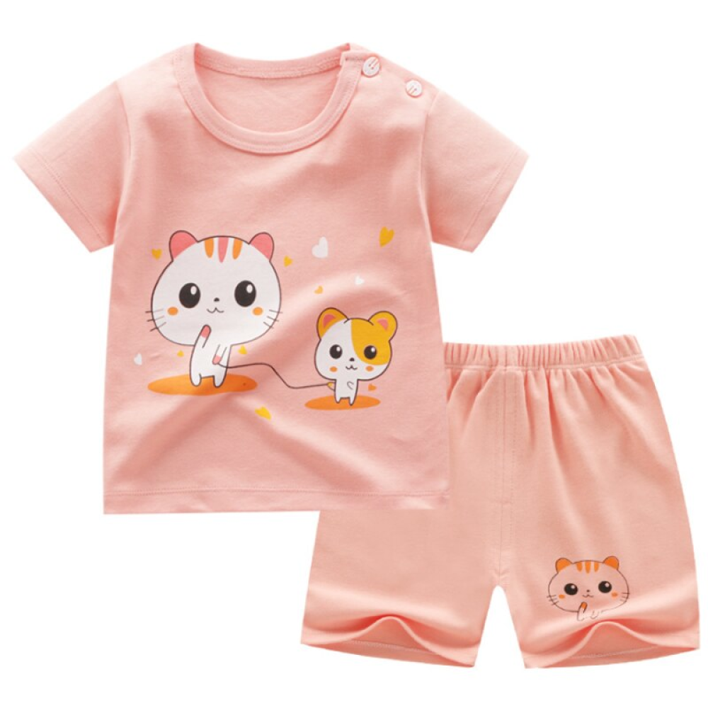Pyjama d’été t-shirt et short rose motif chat pour fille à la mode