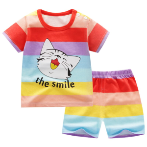 Pyjama d'été rayé arc-en-ciel motif chat pour enfants en coton à la mode