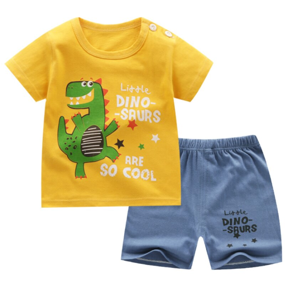 Pyjama d'été motif dinosaure pour enfants jaune avec un short bleu à la mode