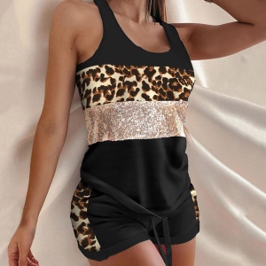 Pyjama débardeur et short sexy noir léopard pour femme à la mode