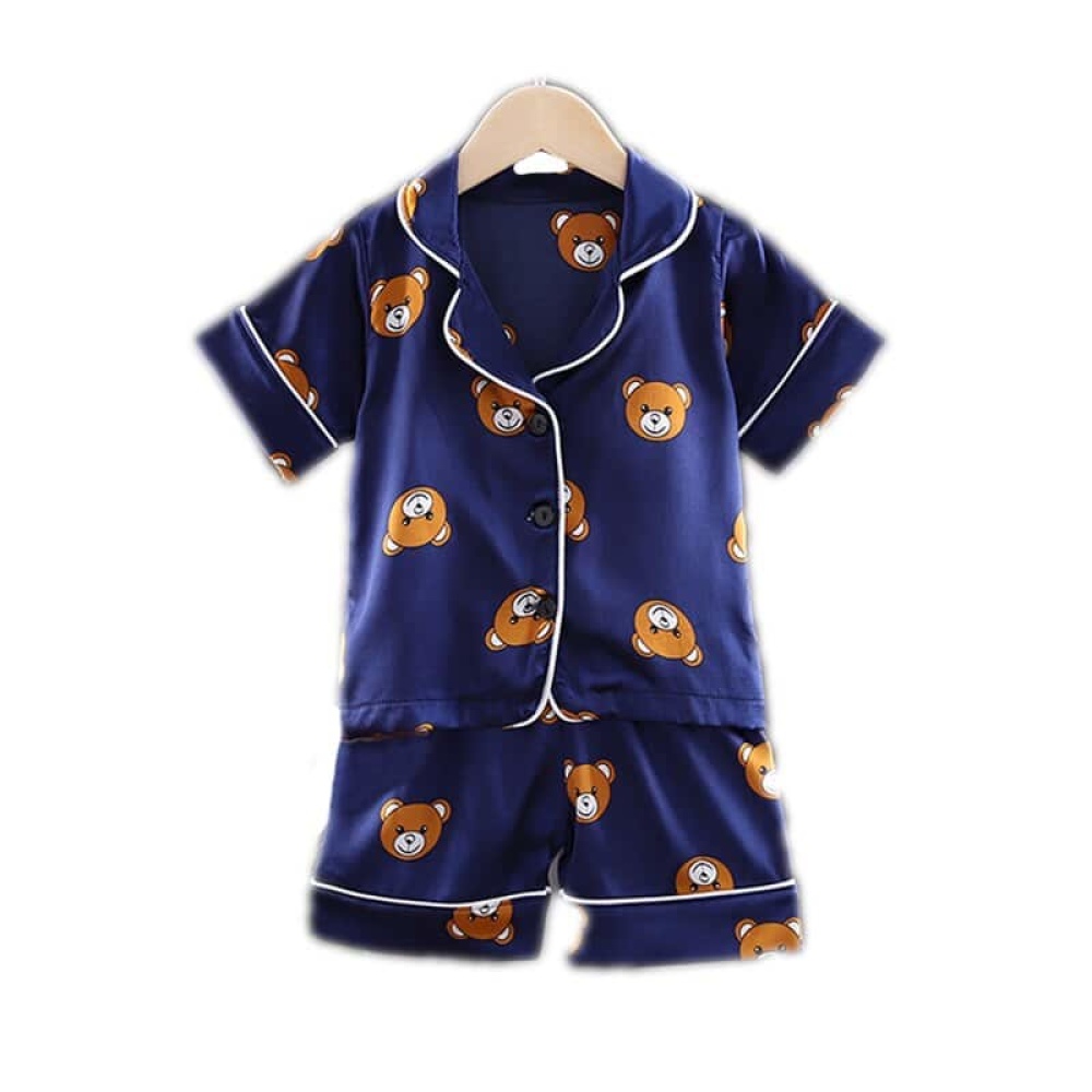 Pyjama d’été bleu en coton motif ours pour enfants bleu sur une ceintre