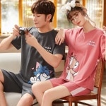 Pyjama deux pièces en coton t-shirt et short motif Tom ou Jerry pour couple à la mode