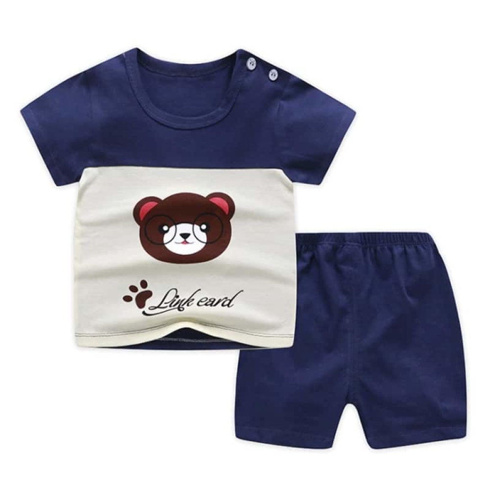 Pyjama deux pièces t-shirt motif ours et short en coton bleu et blanc à la mode