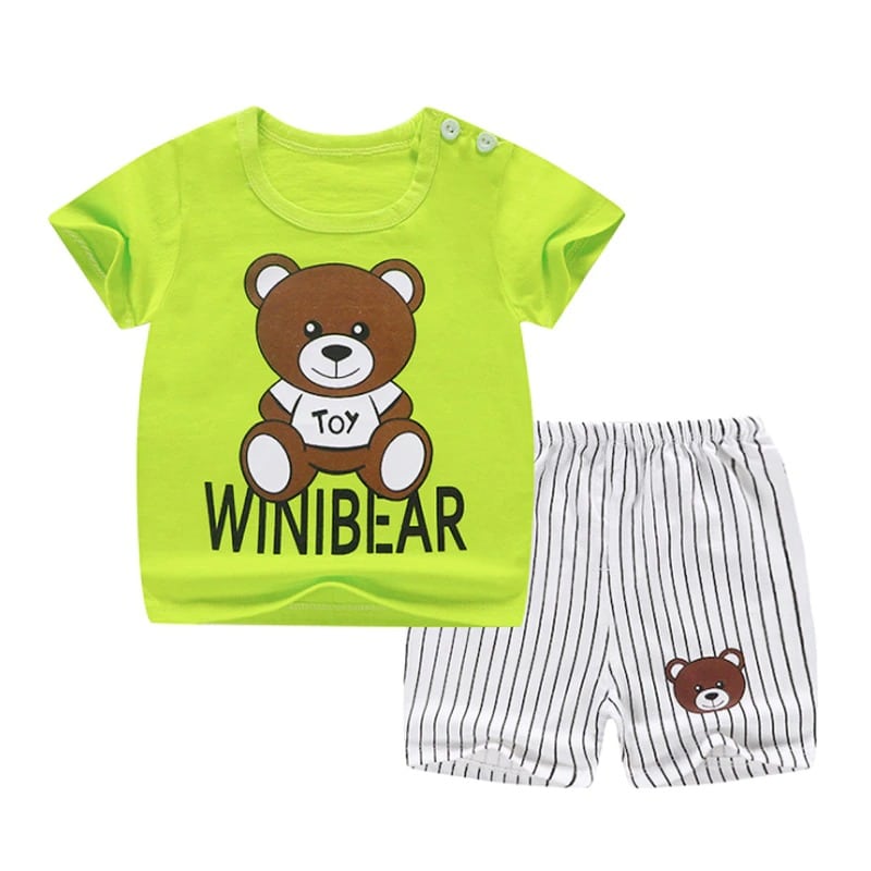 Pyjama deux pièces t-shirt vert et short rayure motif ours en coton