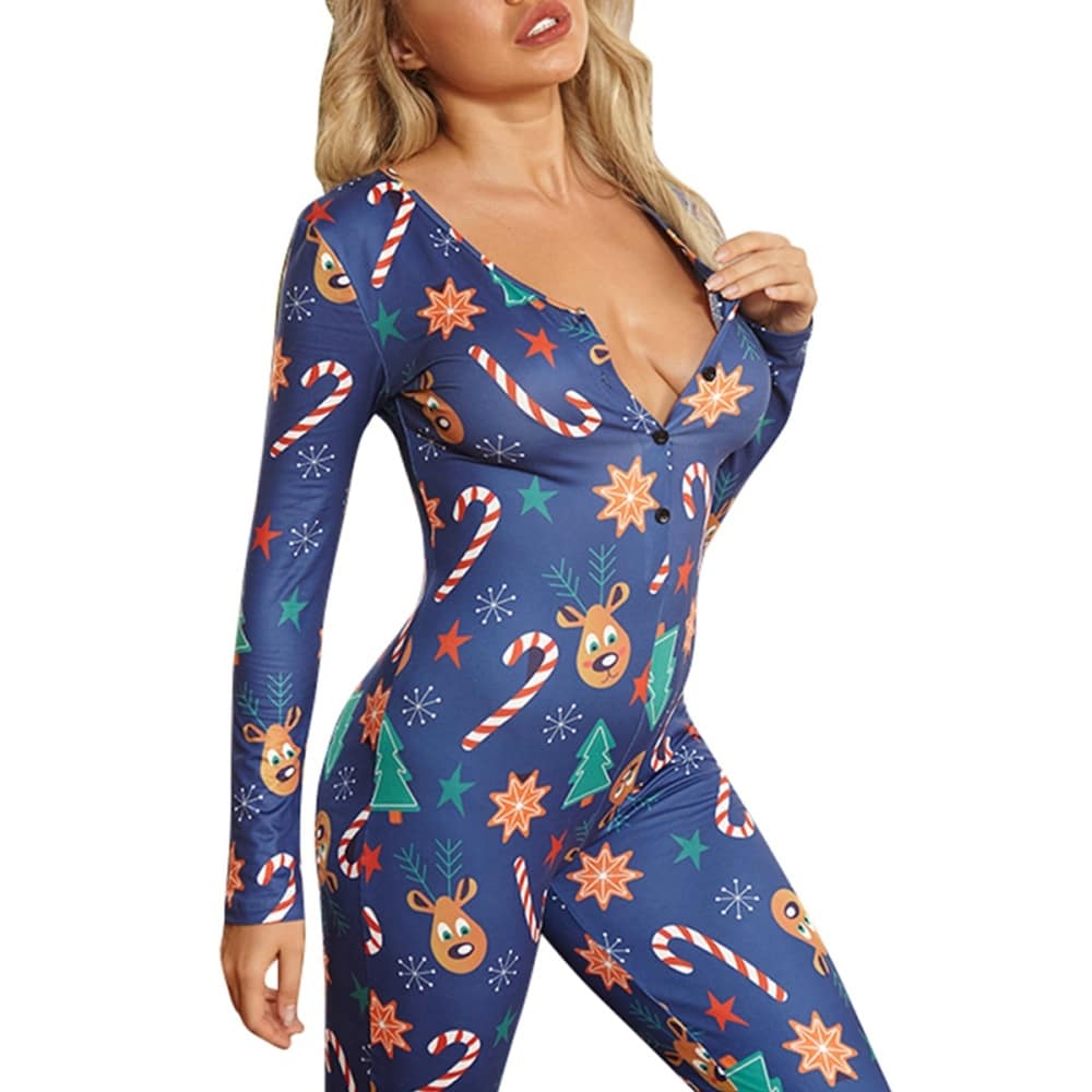 Pyjama combinaison sexy manches bleues longues sexy pour femmes porté par une femme très à la mode
