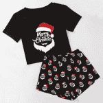 Pyjama de Noel Drôle à manches courtes pour femmes Noir Merry Christmas très haute qualité à la mode