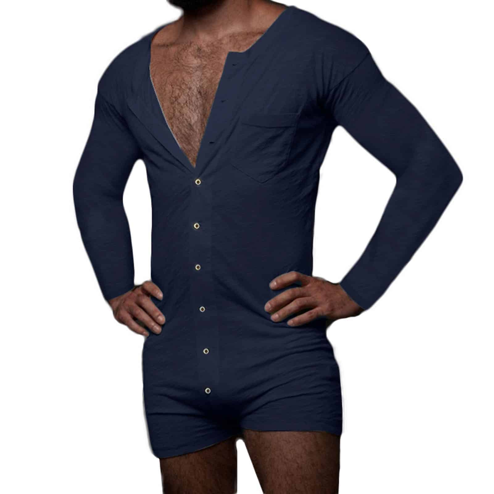 Combinaison short légère pyjama pour hommes bleu sexy porté par un homme à la mode