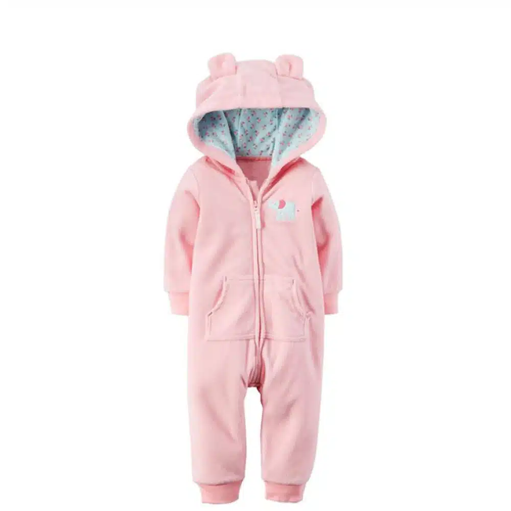 Jolie barboteuse combinaison bébé rose avec capuche à la mode