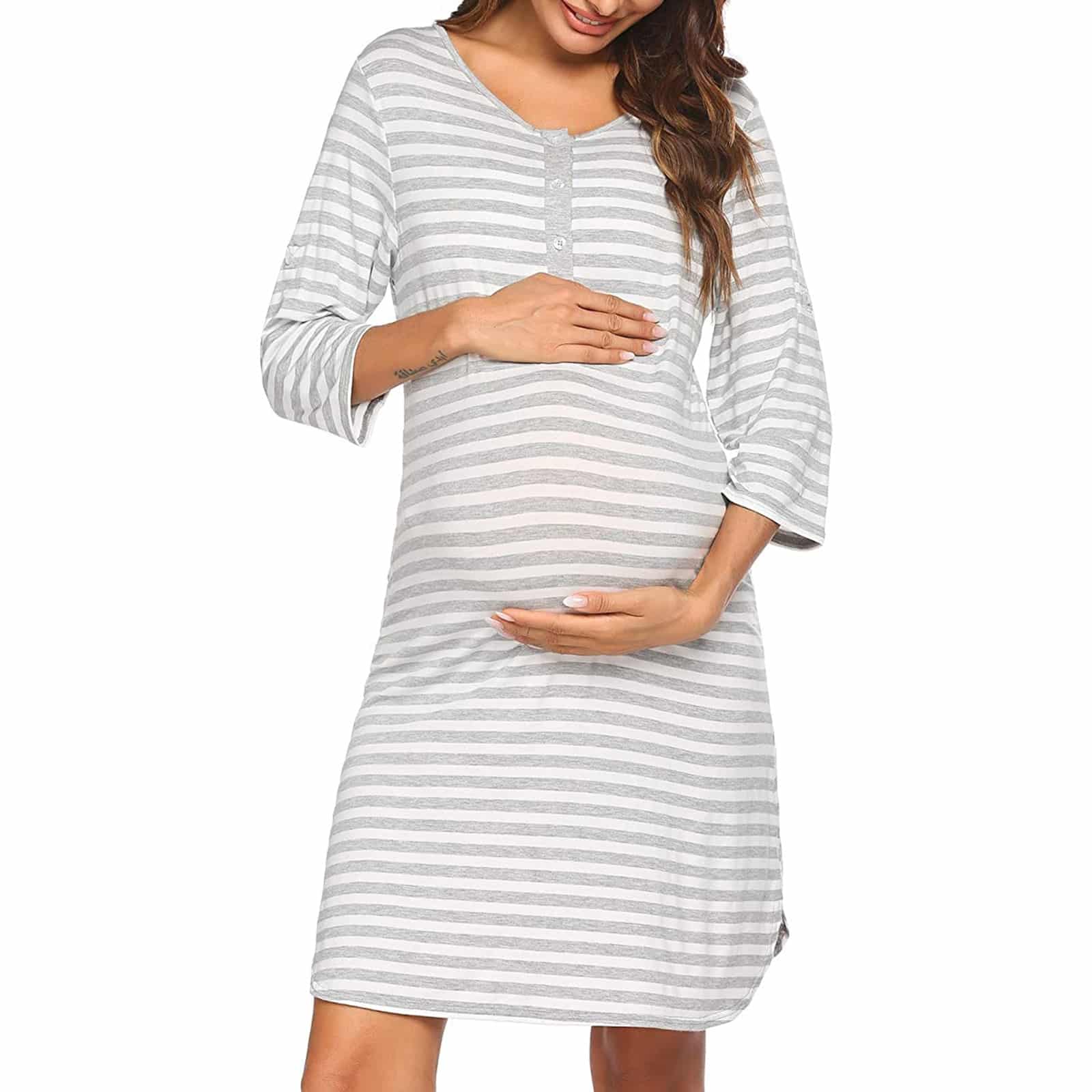 Chemise de nuit de maternité spécial allaitement à rayures grises chemise de nuit de maternite special allaitement a rayures grises 2