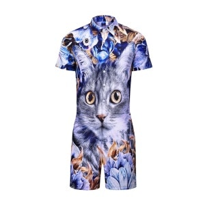 Combinaison pyjama à manches courtes avec imprimé chat à la mode