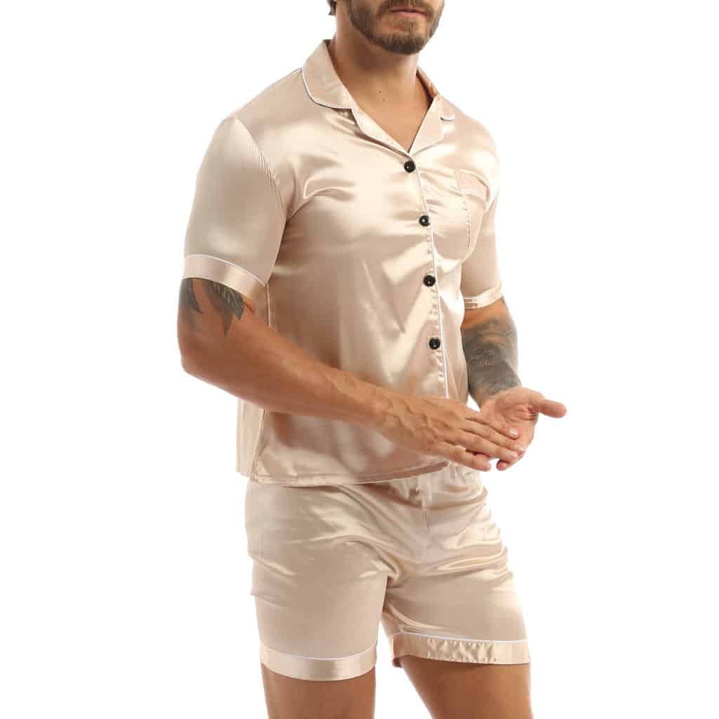 Ensemble pyjama beige short et chemise en Satin soyeux pour hommes ensemble pyjama beige short et chemise en satin soyeux pour hommes 7