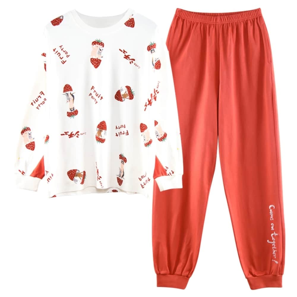 Pyjama automne avec pull-over blanc imprimé et pantalon rouge pour femmes à la mode