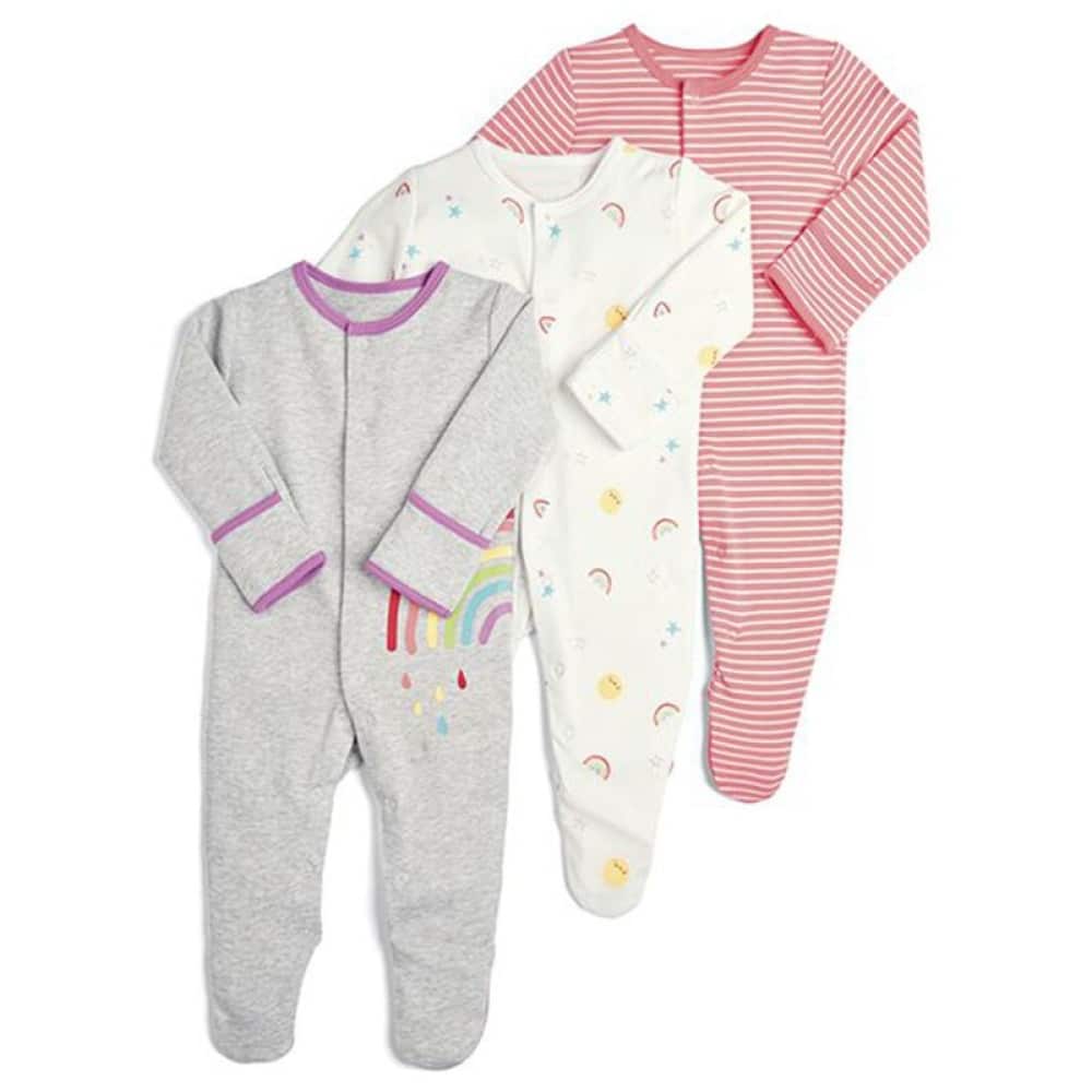 Pyjama combinaison bébé 3 pièces à motif arc-en-ciel et rayures avec un fond blanc