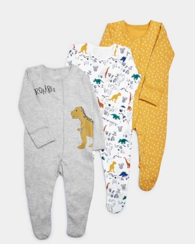 Pyjama combinaison bébé 3 pièces à motif dinosaure avec un fond gris