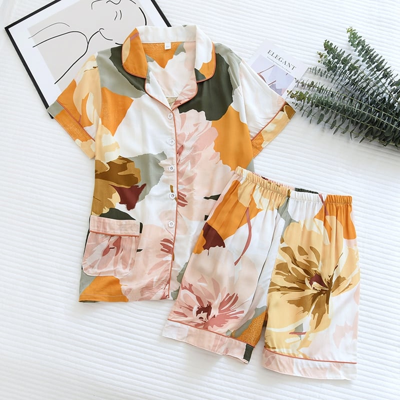 Pyjama d'été en coton à manches courtes et col rabattu pour femmes pyjama d ete manches courtes avec imprime floral pour femme