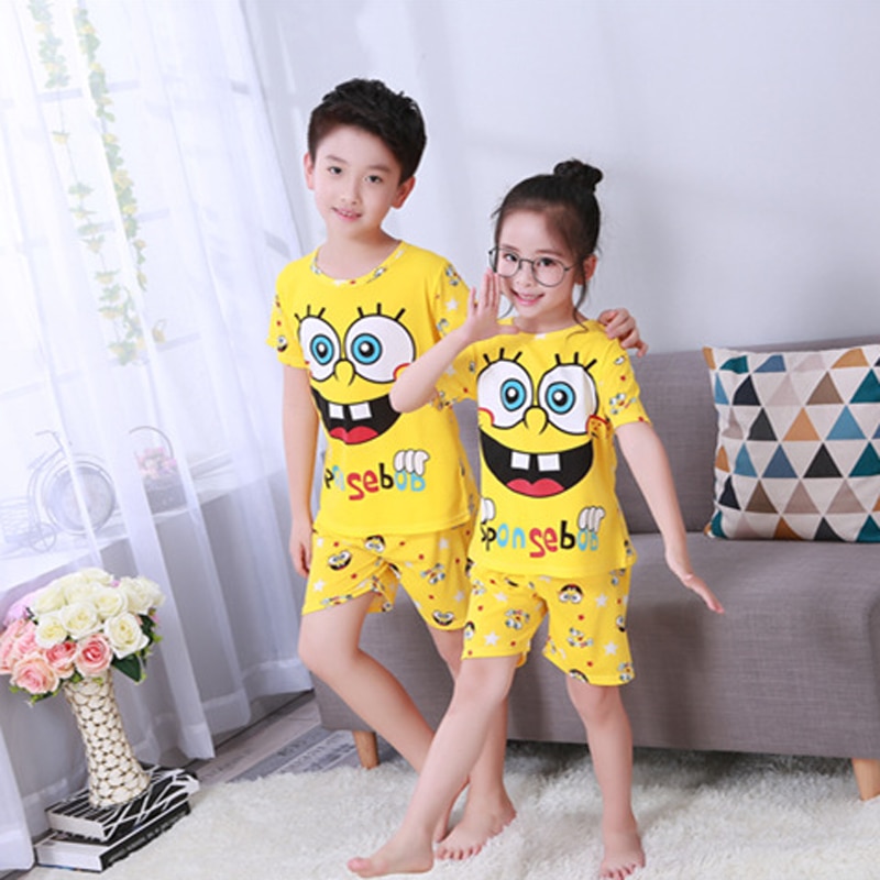 Pyjama d'été jaune à motif Bob l'éponge pour enfant pyjama dete gris a manches courtes et motif souris pour enfants 5