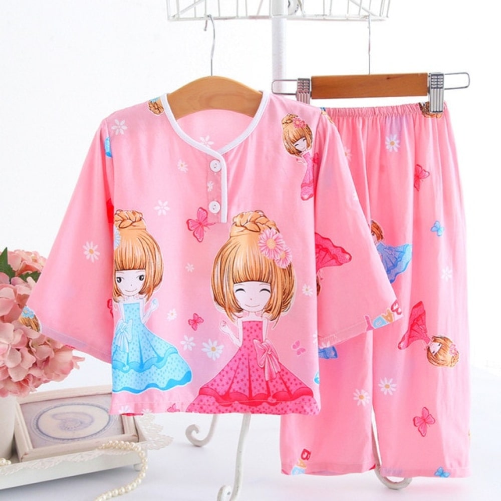 Pyjama rose en coton à motif princesse pour fille pyjama deux pieces en coton a motif fraise et lapin pour enfant 2