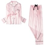 Pyjama femme deux pièces roses rayé blanc et rose à manche longue très haute qualité