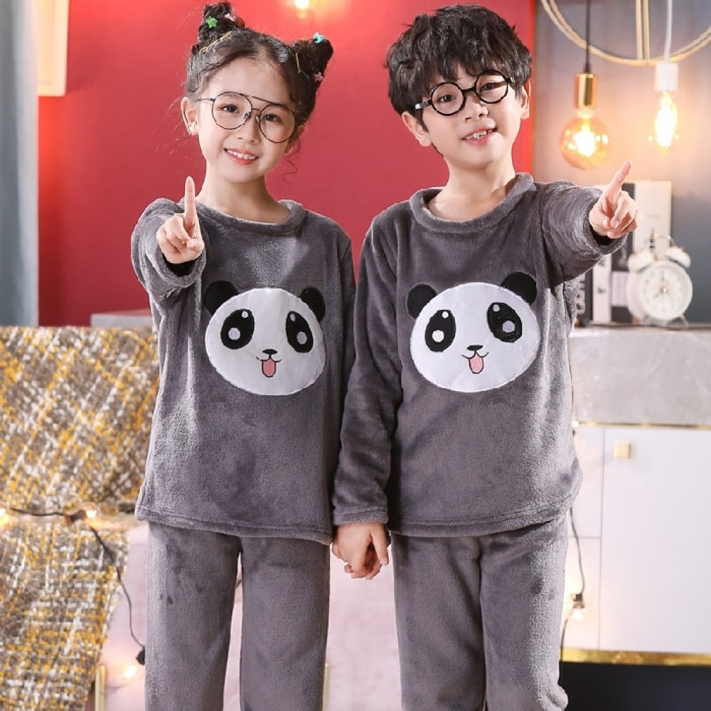 Pyjama manches longues deux pièces à motif panda pyjama marron en flanelle polaire pour enfant 8
