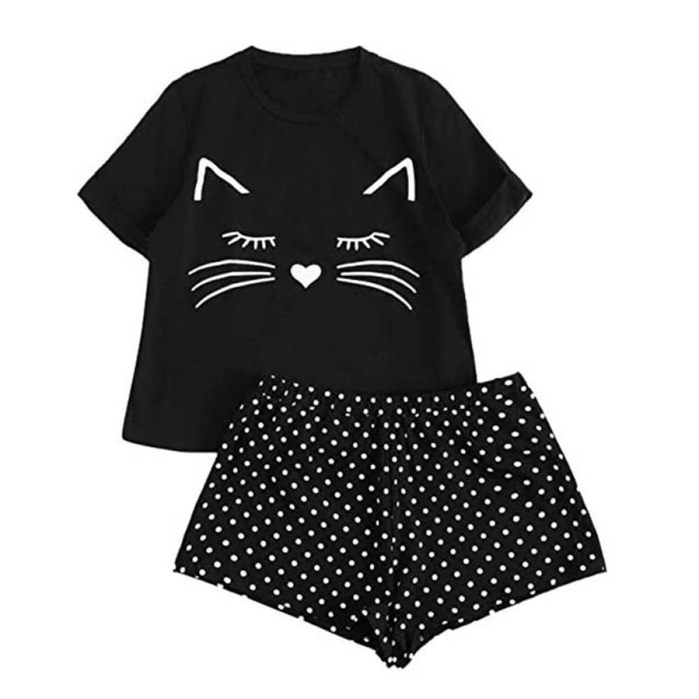 Pyjama noir en nylon décontracté imprimé chat pour femmes pyjama noir en nylon decontracte imprime chat pour femmes