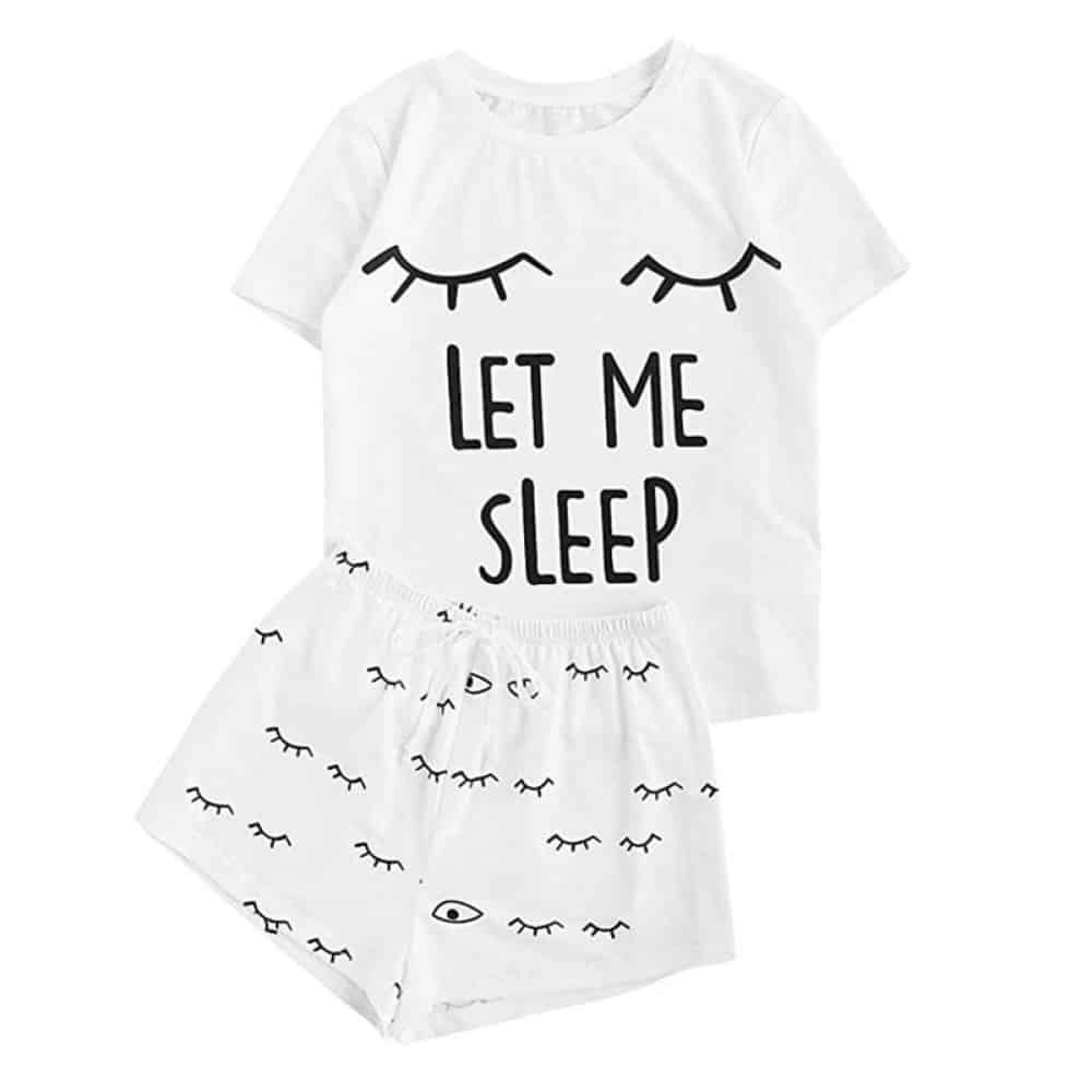 Ensemble pyjama femme sexy à motif cils avec inscription "LET ME SLEEP" à la mode