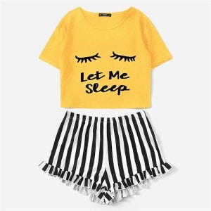Pyjama d’été deux pièces jaune à motif cils et rayure noir et blanc pour femmes