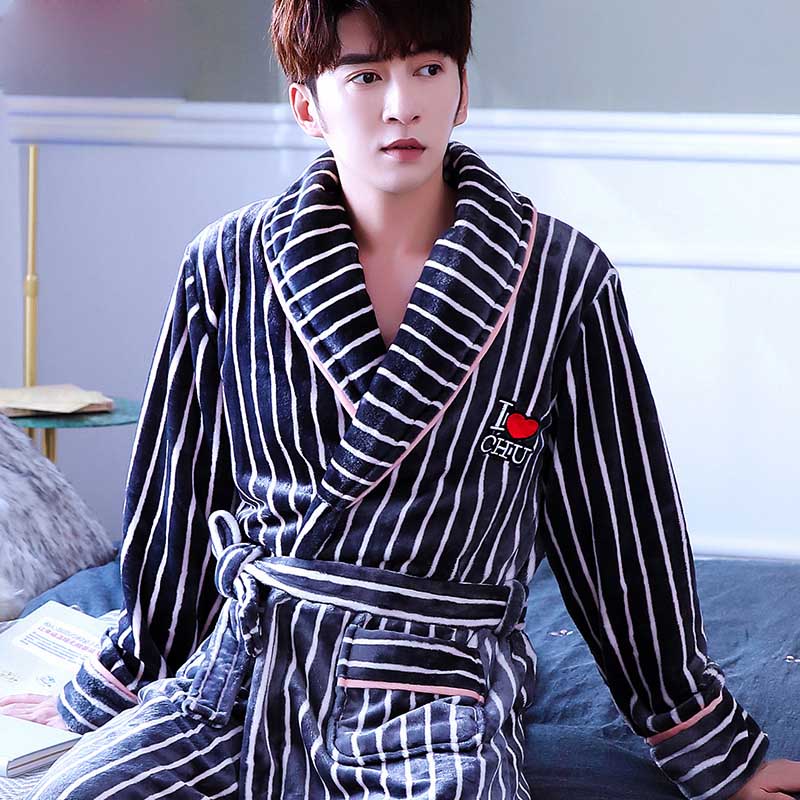 Pyjama peignoir en flanelle bleu rayé blanc pour homme pyjama peignoir a carreaux en flanelle pour homme 10