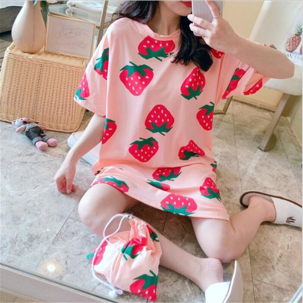 Pyjama robe de nuit décontractée en coton à motif fraise pyjama robe de nuit avec imprime dessin anime pour femmes 10