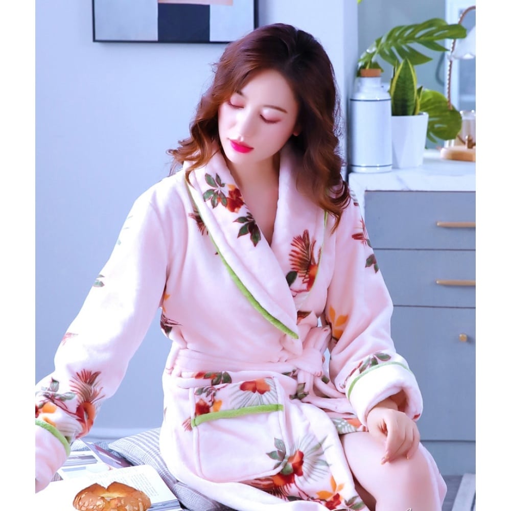 Pyjama peignoir en molleton avec imprimé floral pour femmes pyjama robe de nuit en molleton de corail pour femmes 11