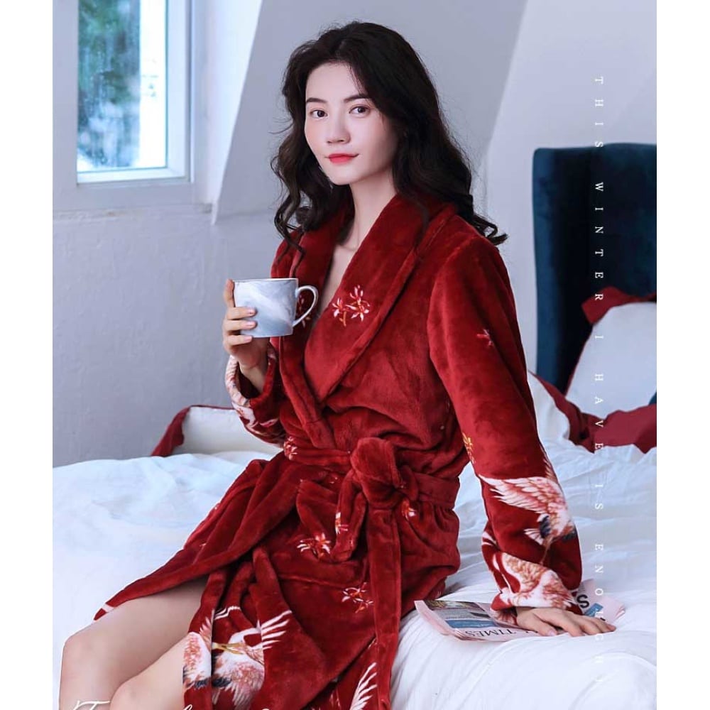 Pyjama peignoir en molleton avec imprimé oiseaux pour femmes pyjama robe de nuit en molleton de corail pour femmes 12