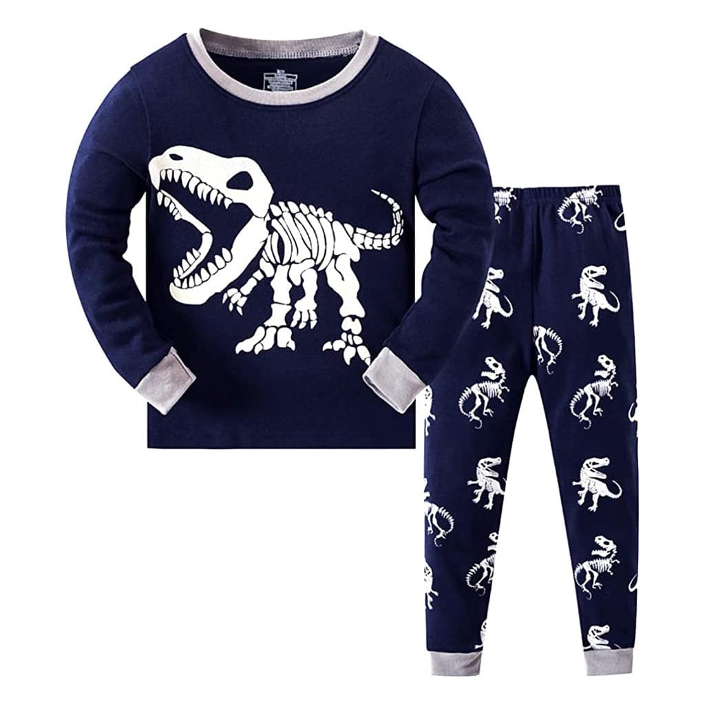 Pyjamas deux pièces imprimé dinosaure pour petit garçon bleu et gris avec un fond blanc
